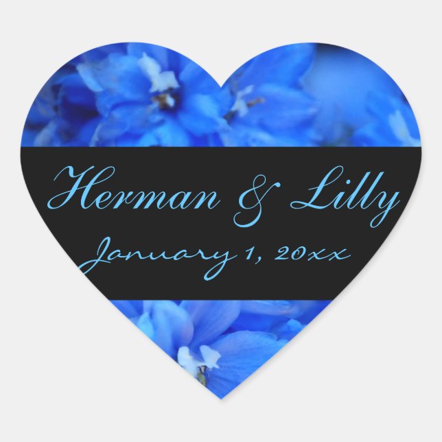 Blue Floral Personalized Wedding Heart Sticker (Front)