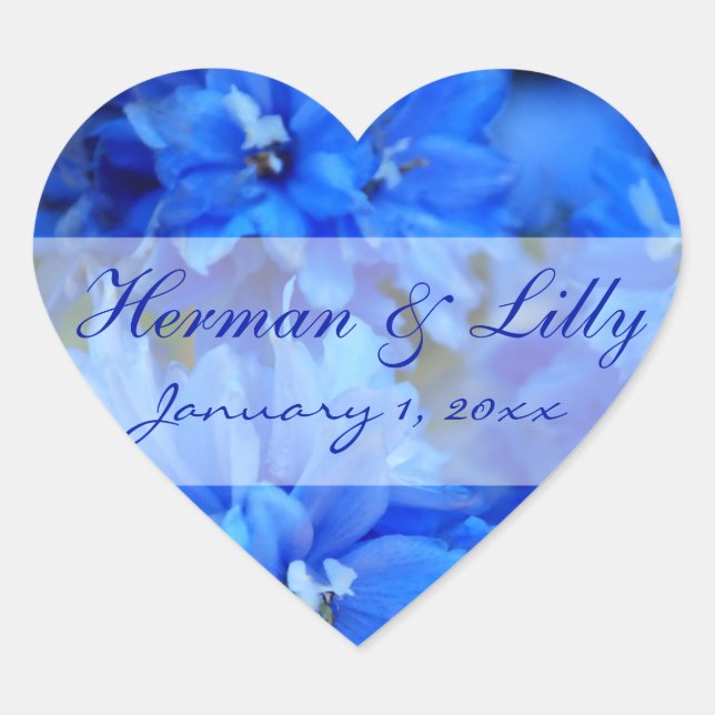 Blue Floral Personalized Wedding Heart Sticker (Front)