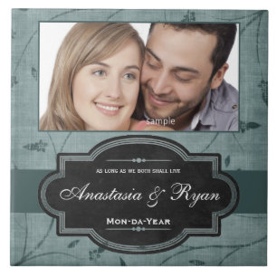 Blue Floral Personalized Wedding Photo Keepsake Tile