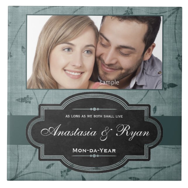 Blue Floral Personalized Wedding Photo Keepsake Tile (Front)