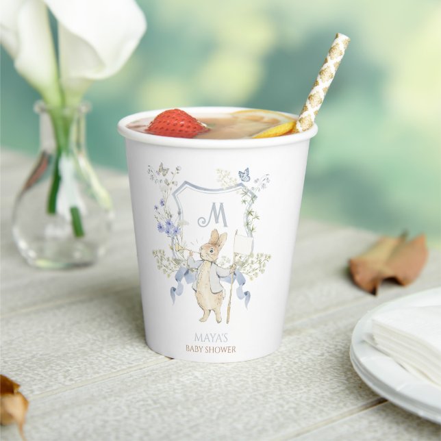 Blue Floral Peter the Rabbit Monogram Baby Shower Paper Cups (Insitu)