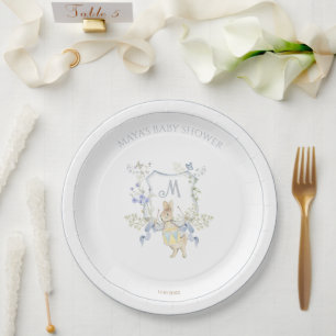 Blue Floral Peter the Rabbit Monogram Baby Shower Paper Plates