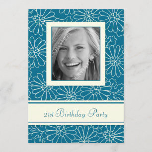 Blue Floral Photo 21st Birthday Party Invitations