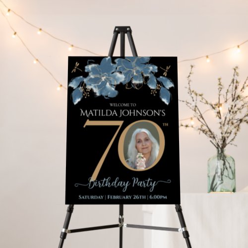 Blue Floral Photo 70th Birthday Party Welcome Sign