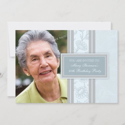 Blue Floral Photo 80th Birthday Party Invitations