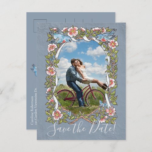 Blue Floral Photo Bird Country Rustic Save Date Announcement Postcard