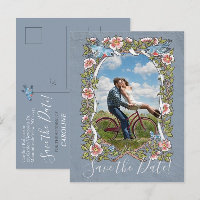 Blue Floral Photo Bird Country Rustic Save Date Announcement Postcard (Front/Back)
