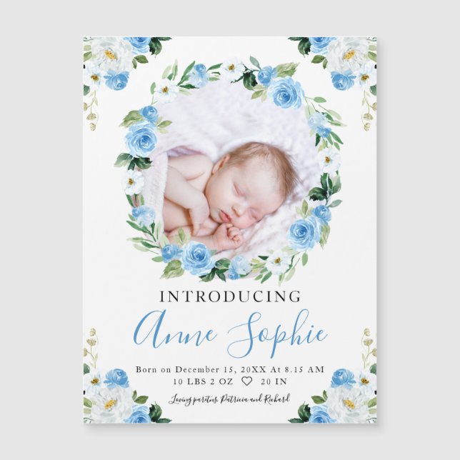 Blue Floral Photo Birth Announcement Cards (Front)