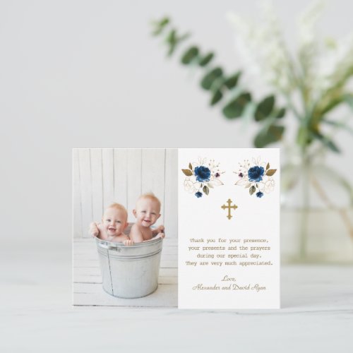 Blue Floral Photo Boys Twins Gold Cross Baptism   Thank You Card