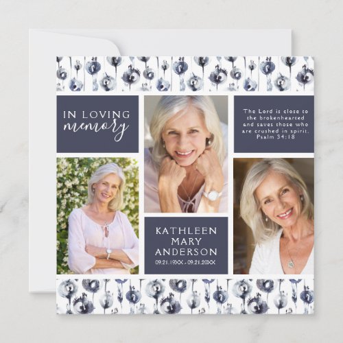 Blue Floral Photo Collage Funeral Sympathy Thank You Card