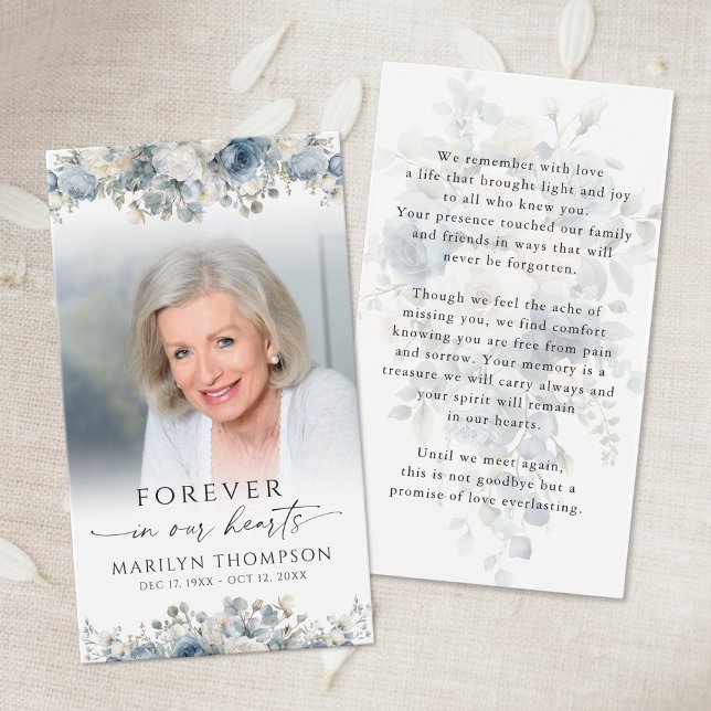 Blue Floral Photo Funeral Prayer Card (Creator Uploaded)