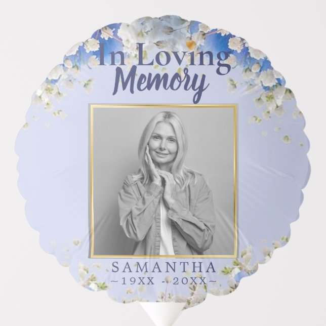 Blue Floral Photo Memorial Celebration of life Balloon (Front)