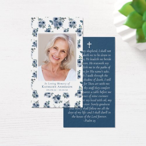 Blue Floral Photo Memorial Prayer Card