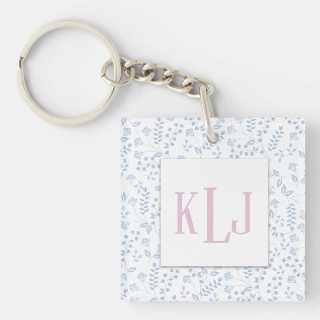 Blue Floral Photo Square (double-sided) Keychain (Front)
