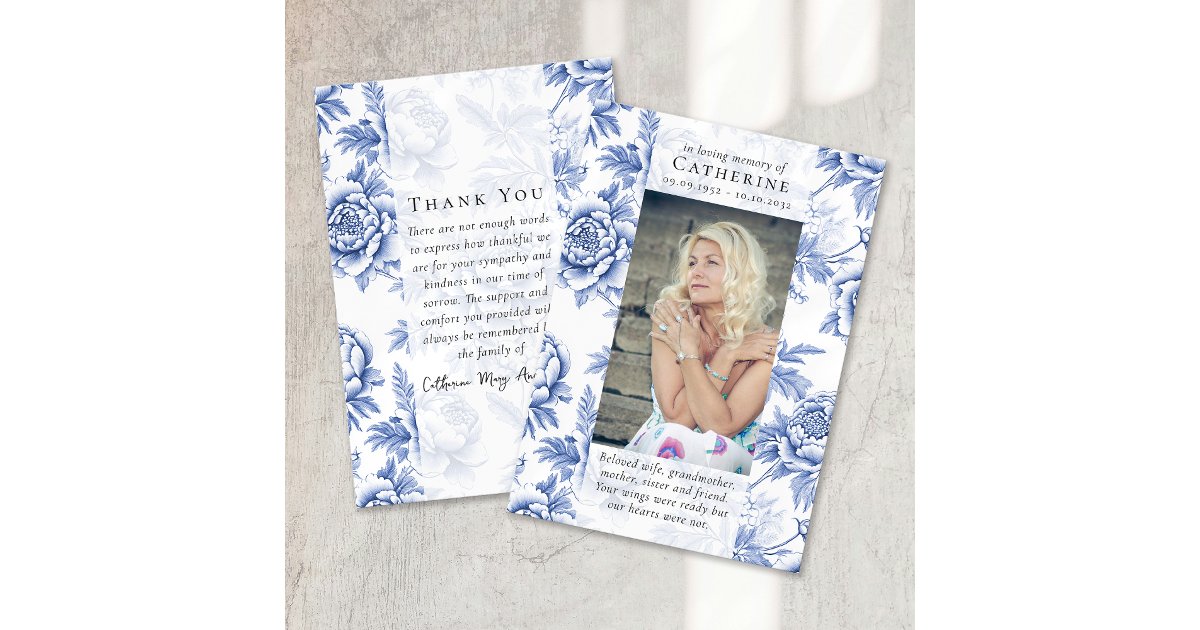 Blue Floral Photo Sympathy Funeral Memorial Thank You Card | Zazzle