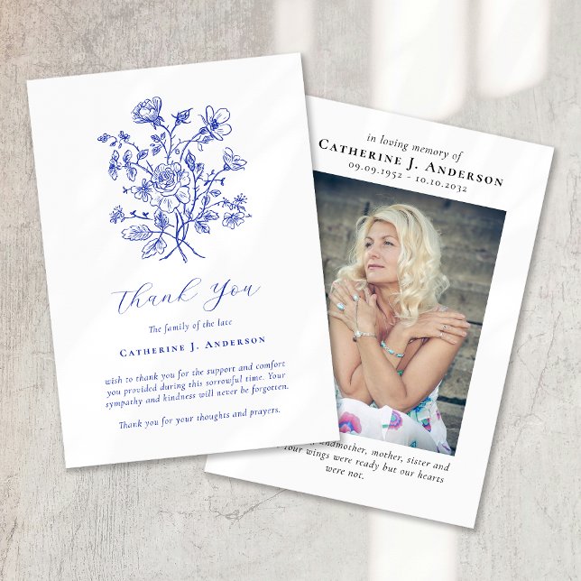 Blue Floral Photo Sympathy Funeral Memorial Thank You Card (Creator Uploaded)