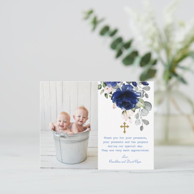 Blue Floral Photo Twins Gold Cross Baptism  Thank You Card (Standing Front)