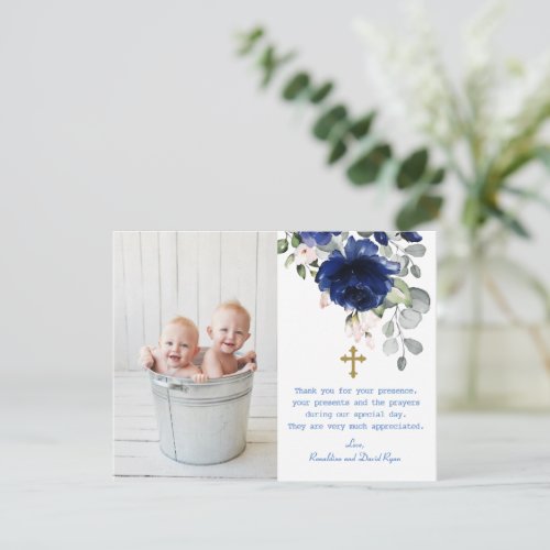 Blue Floral Photo Twins Gold Cross Baptism  Thank You Card