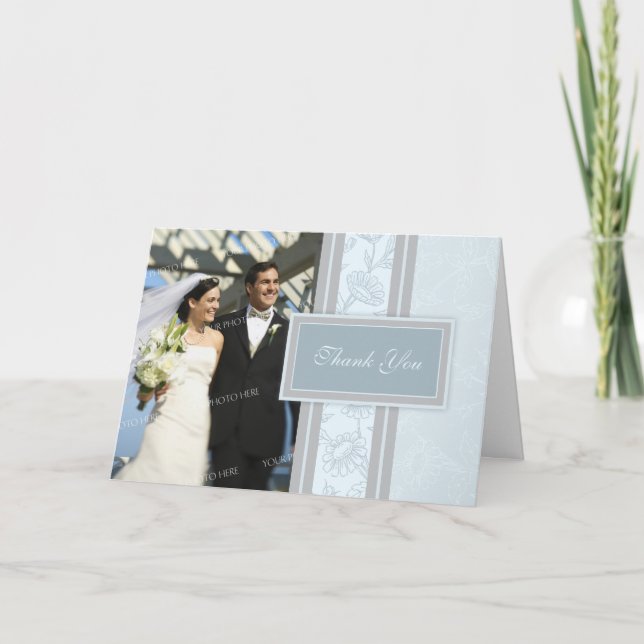Blue Floral Photo Wedding Thank You Card (Front)
