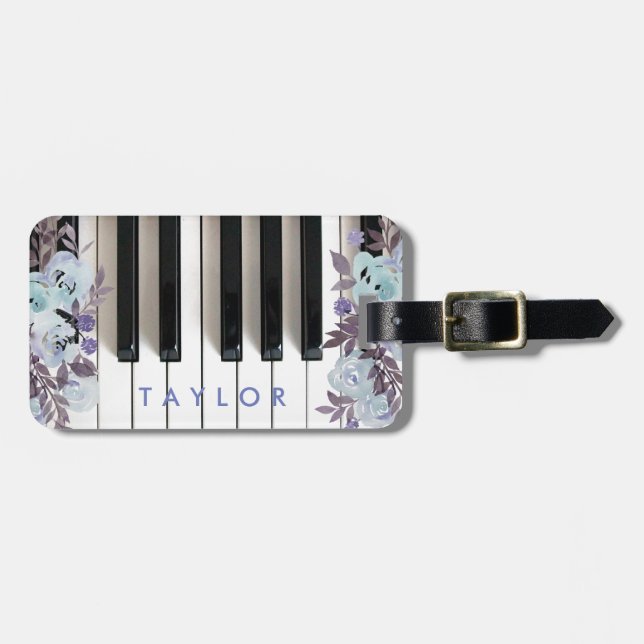blue floral piano design luggage tag (Front Horizontal)