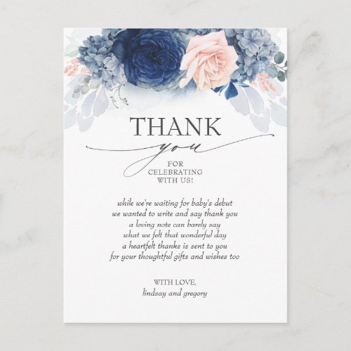 Blue Floral Pink Elegant Baby Shower Thank You Postcard