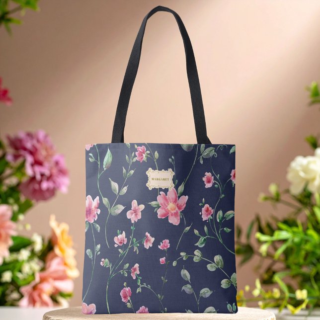 Blue Floral pink Flowers pattern Trendy Classic Tote Bag (Creator Uploaded)