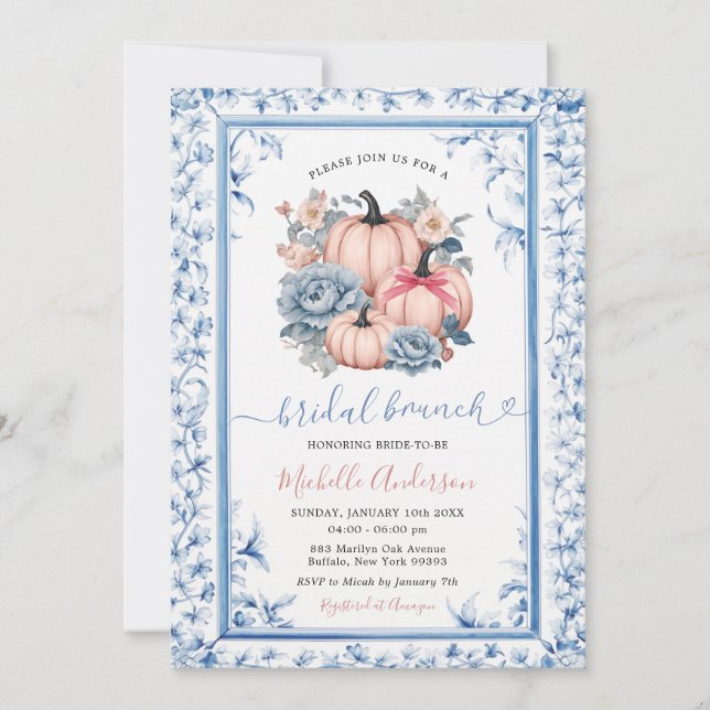 Blue Floral Pink Pumpkin Chinoiserie Bridal Brunch Invitation (Front)