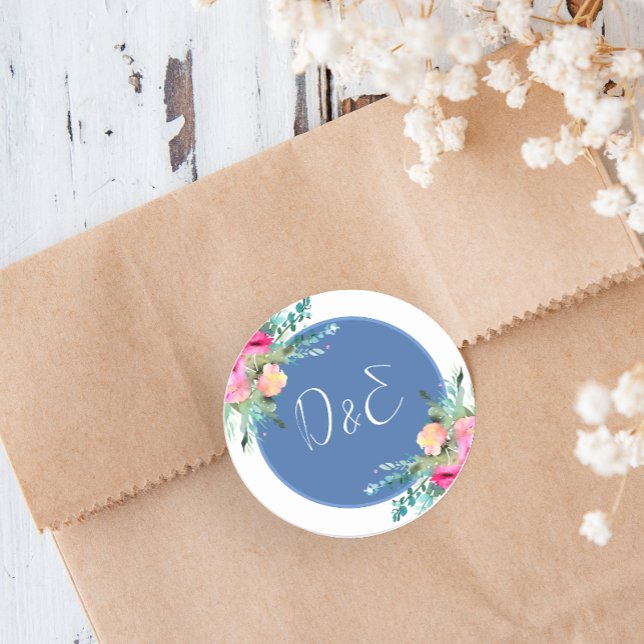 Blue Floral Pink Rosebud Wedding Personalized Classic Round Sticker (Creator Uploaded)