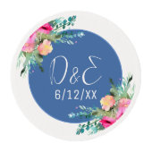 Blue Floral Pink Rosebud Wedding Personalized Edible Frosting Rounds (Front)