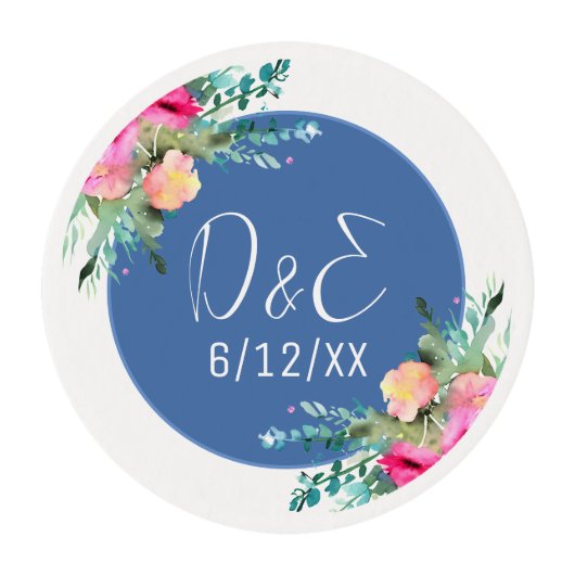 Blue Floral Pink Rosebud Wedding Personalized Edible Frosting Rounds (Front)