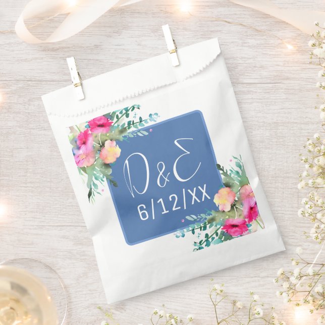 Blue Floral Pink Rosebud Wedding Personalized Favor Bag (Clipped)
