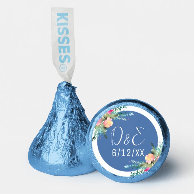 Blue Floral Pink Rosebud Wedding Personalized Hershey®'s Kisses® (Front)