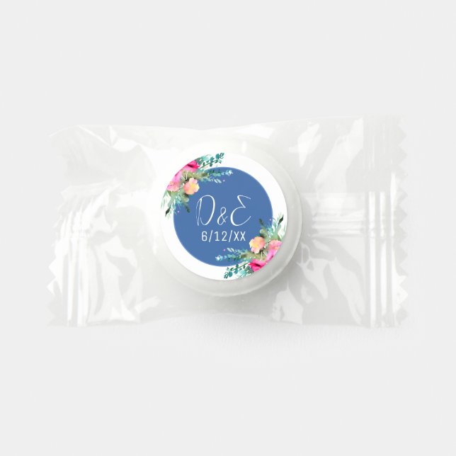Blue Floral Pink Rosebud Wedding Personalized Life Saver® Mints (Front)