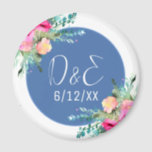 Blue Floral Pink Rosebud Wedding Personalized Magnet<br><div class="desc">Personalized wedding reminder magnet with couple's initials with pretty pink floral accents and blue center with white font. Elegant floral wedding theme.</div>