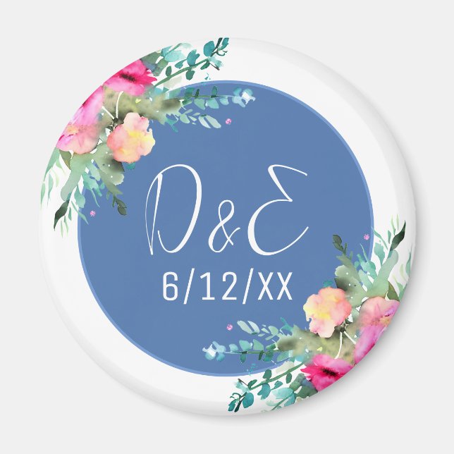 Blue Floral Pink Rosebud Wedding Personalized Magnet (Front)