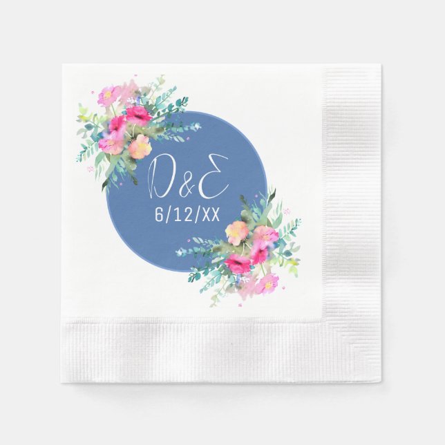 Blue Floral Pink Rosebud Wedding Personalized Napkins (Front)