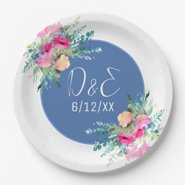 Blue Floral Pink Rosebud Wedding Personalized Paper Plates (Front)