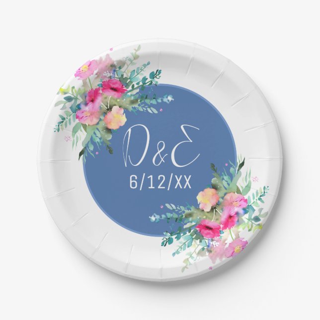 Blue Floral Pink Rosebud Wedding Personalized Paper Plates (Front)