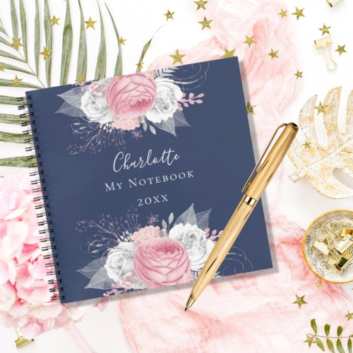 Blue floral pink silver foliage white name notebook