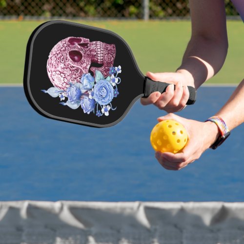 Blue Floral Pink Sugar Skull Day Of The Dead Pickleball Paddle