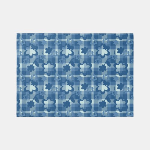 Blue Floral Plaid Girls Nursery Bedroom Area  Rug