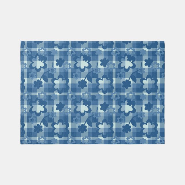 Blue Floral Plaid Girls Nursery Bedroom Area  Rug (Front)