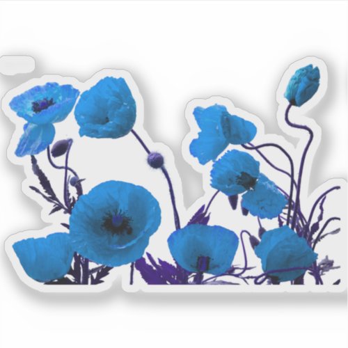 Blue Floral Poppy Flowers Bright Watercolor Art Sticker