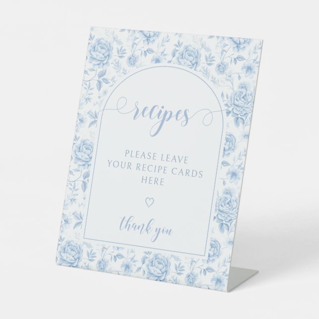 Blue Floral Porcelain Bridal Shower Recipe Pedestal Sign (Front)