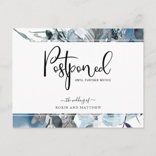 Blue Floral Postponement Wedding Announcement Postcard