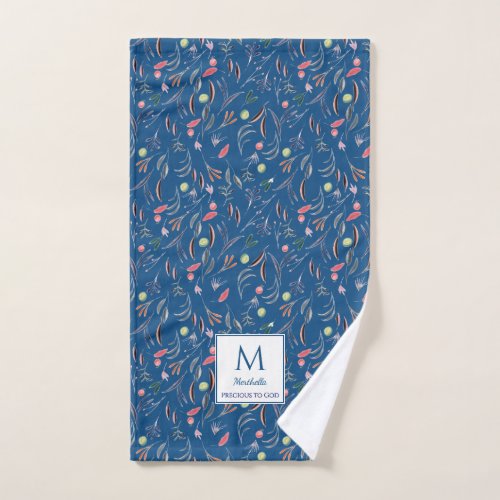 Blue Floral PRECIOUS TO GOD Christian Monogram Hand Towel