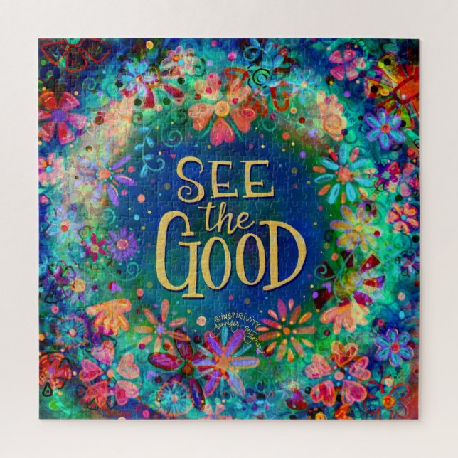 Blue Floral Pretty See the Good Inspirivity Fun Jigsaw Puzzle (Vertical)