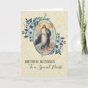 Blue Floral Priest Birthday Virgin Mother Mary Card