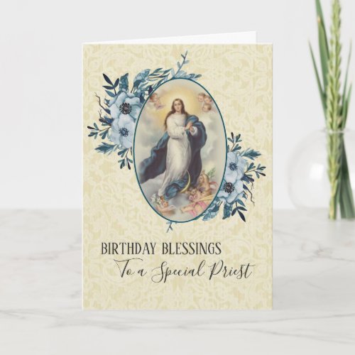 Blue Floral  Priest Birthday  Virgin Mother Mary Card