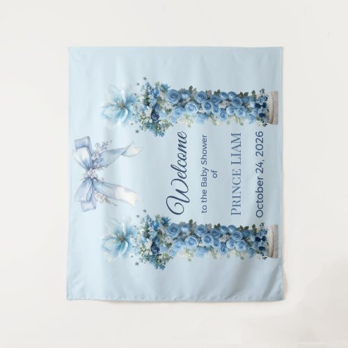Blue Floral Prince Liam Baby Shower Backdrop